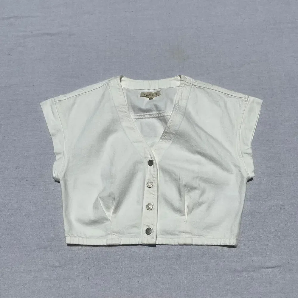 Madewell White Cropped V-Neck Button Front Top - Picture 2 of 7